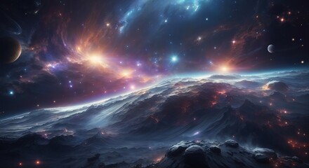 Outer space landscape with waves of energy light and a cinematic background