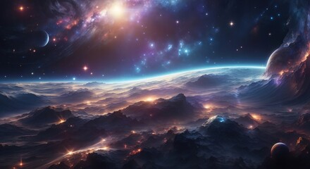 Outer space landscape with waves of energy light and a cinematic background - obrazy, fototapety, plakaty