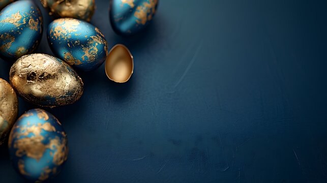 Frame background with gold and blue easter eggs with copy space for text