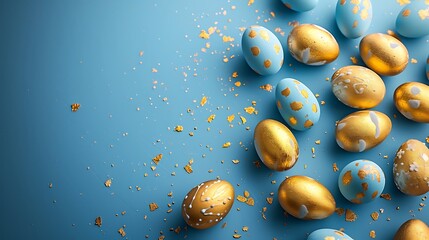 Frame background with gold and blue easter eggs with copy space for text