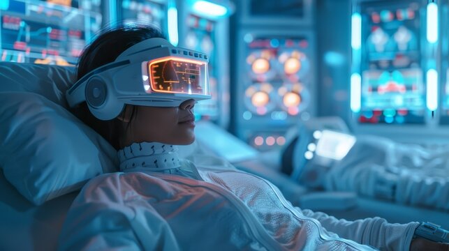 A woman lying down experiences immersive virtual reality with a futuristic VR headset in a high-tech environment.