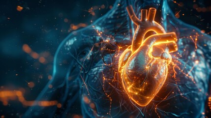 Anatomical illustration of the human heart with a glowing cardiovascular network, emphasizing the complex system of arteries and veins. - obrazy, fototapety, plakaty