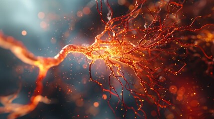 Vivid depiction of neuronal synaptic transmission with a glowing neural network, illustrating the intricate pathways of neural communication.