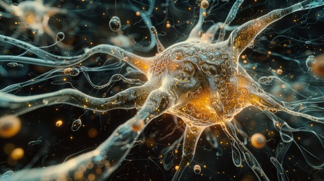 Highly detailed visualization of a neuron synapse with electrical impulses traveling through the intricate network of dendrites.