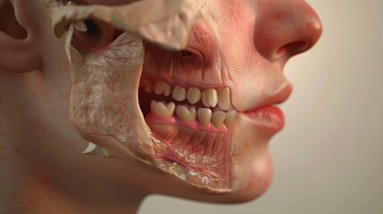 Obraz premium A highly detailed close-up view of the human lower facial anatomy, showcasing teeth, muscles, and blood vessels.