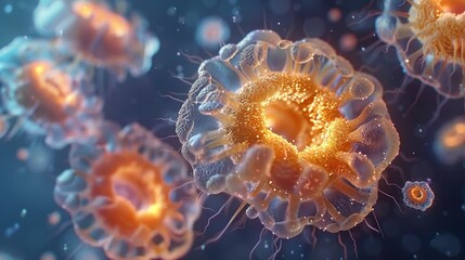 Digital illustration showing antibodies binding to pathogens as part of the body's immune response, in vibrant microscopic detail. - obrazy, fototapety, plakaty
