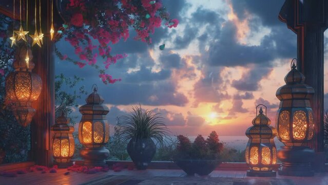 Behind the window ador ned with lanterns casting. seamless looping time-lapse animation video background

