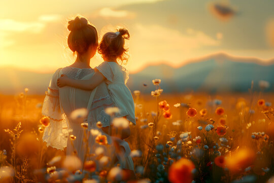 Woman with her daughter in her arms walking through a field of flowers at sunset