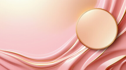 Abstract luxury round gold frame on wave pink silk pastel 3D background.