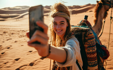Desert Dreams: Young Traveling Woman, Native to Morocco, Embraces the Adventure of Sahara, Delighting in Selfies with Camels Amidst the Golden Dunes and Nomadic Culture.

