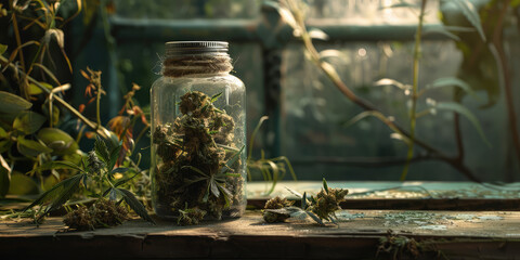 Herbal Preservation Dried cannabis hemp buds in Glass Jar. Close-up of a sealed jar filled with green herbs on a table background with copy space. - obrazy, fototapety, plakaty