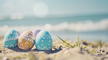 Happy easter background with eggs on the sandy beach - obrazy, fototapety, plakaty