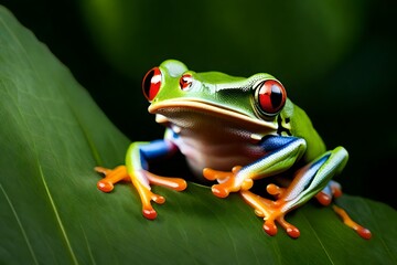 Fototapeta premium Portrait of a Red-eyed tree frog (Agalychnis callidrya) on a leaf, Indonesia
