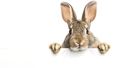 Rabbit looking over a signboard. Isolated on white background