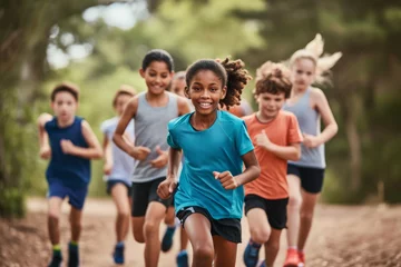Foto op Aluminium Treinspoor Happy children running together. Group of joyful kids enjoying run. Diverse children competing in running race