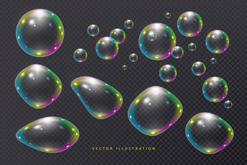 Realistic Flying Soap bubbles. Vector illustration in 3D style