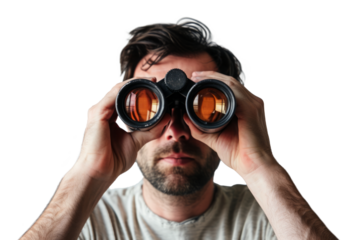 Man look through binoculars isolated on white background, front view