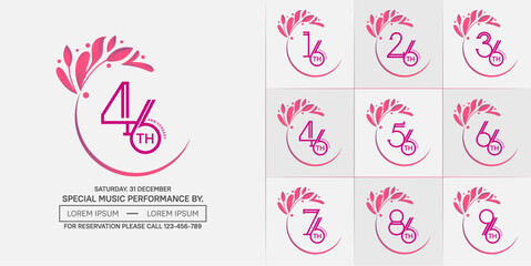 set of anniversary logotype pink color with swoosh and ornament for special celebration event