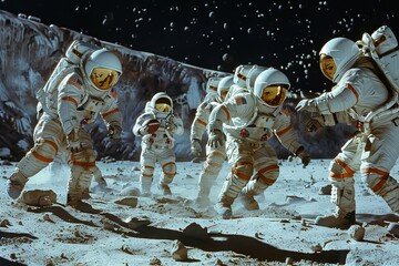 Astronauts in space suit playing american football on the moon - 741662954