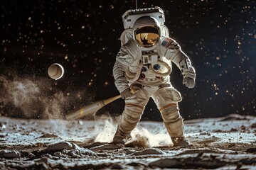 Astronaut in space suit playing baseball on the moon - 741662999