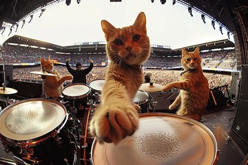 cat rock band performing a sold-out concert in a stadium packed with adoring fans, with the lead singer belting out meow-sical hits and the drummer keeping the beat - 741663138