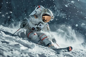 Astronaut in space suit skiing on the moon - 741663151