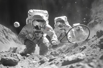 Astronaut in space suit playing a match of tennis on the moon - 741663155