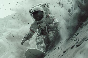 Astronaut in space suit surfing on the moon - 741663180
