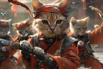 a team of ninja cats stealthily infiltrating a rival dog clan's dojo to steal the ancient Scroll of Feline Wisdom, employing acrobatic moves and deadly precision to outsmart their canine adversaries - 741663306