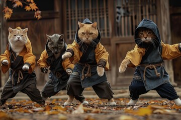 a team of ninja cats stealthily infiltrating a rival dog clan's dojo to steal the ancient Scroll of Feline Wisdom, employing acrobatic moves and deadly precision to outsmart their canine adversaries - 741663324