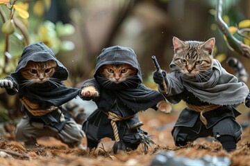 a team of ninja cats stealthily infiltrating a rival dog clan's dojo to steal the ancient Scroll of Feline Wisdom, employing acrobatic moves and deadly precision to outsmart their canine adversaries - 741663328