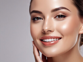 High-quality crop photo of skincare and cosmetics concept with copy space for text. Woman with beautiful face touching healthy facial skin portrait. Beautiful happy girl model with natural