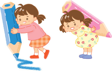 えんぴつを持った女の子のイラスト 2ポーズ
