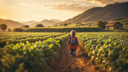 Child in a field at sunset. concept of freedom and happy childhood in nature environment