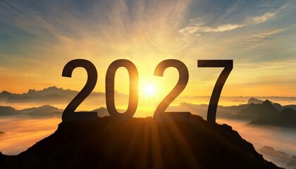 Year 2027, concept. New Year 2027 at sunset. Silhouette 2027 stands on a mountain with sun rays at sunrise, creative idea. - obrazy, fototapety, plakaty
