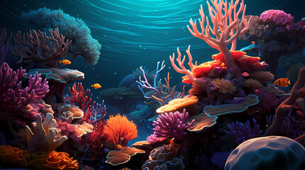 Naklejka premium Beautiful undersea tropical fluorescent sea anemone on deep sea coral reef