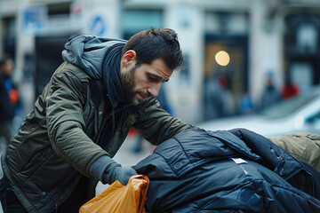 A homeless man chooses clothes for the poor, helping people without money - obrazy, fototapety, plakaty
