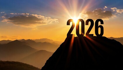 Year 2026, concept. New Year 2026 at sunset. Silhouette 2026 stands on a mountain with sun rays at sunrise, creative idea.
