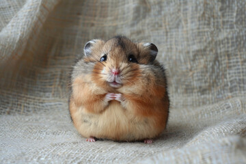 Cute, fat hamster with cheeks full of food, voracious animal