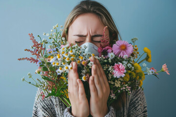 A girl sneezes from an allergy to flowers, spring flower aromas causing allergies