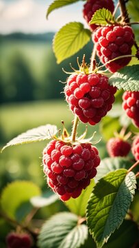 Sun-Kissed Raspberries Ripening on the Vine During a Warm Summer Afternoon