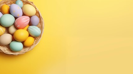 Easter Celebration: Basket Full of Pastel-Colored Eggs on Sunny Yellow Background