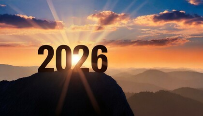 Year 2026, concept. New Year 2026 at sunset. Silhouette 2026 stands on a mountain with sun rays at sunrise, creative idea. 