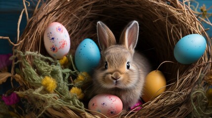 Easter Delight: Adorable Bunny Amidst Colorful Easter Eggs in a Cozy Nest