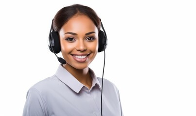 Smiling customer support agent with headset against white background.