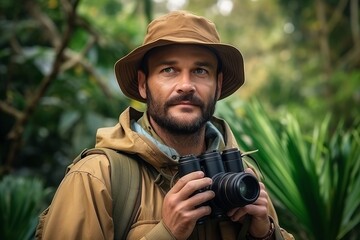 Portrait of a man with binoculars in the jungle.