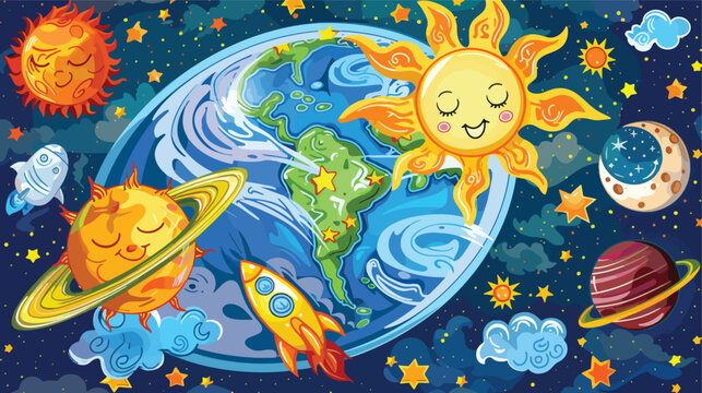 Earth banner with sun moon stars and space rocket