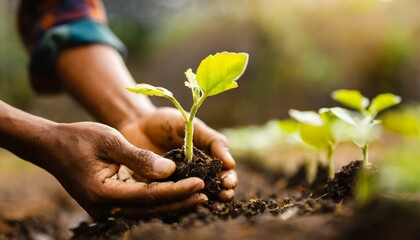 Farmer hands planting seedlings in vegetable garden. Gardening in spring. Homemade products in organic farming. Sustainable and environment protection concept.