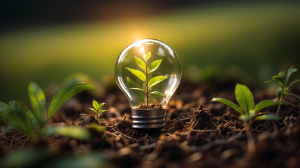 Little tree growing in an energy efficient light bulb, the concept of environmentally friendly and sustainable energy. Sustainability conservation