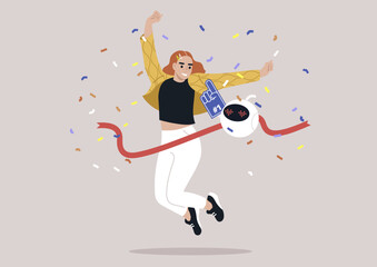 Jubilant Girl Crossing the Finish Line With a Smiling electronic companion, a cheerful young character leaps over a red ribbon with a robot at her side amid a shower of confetti